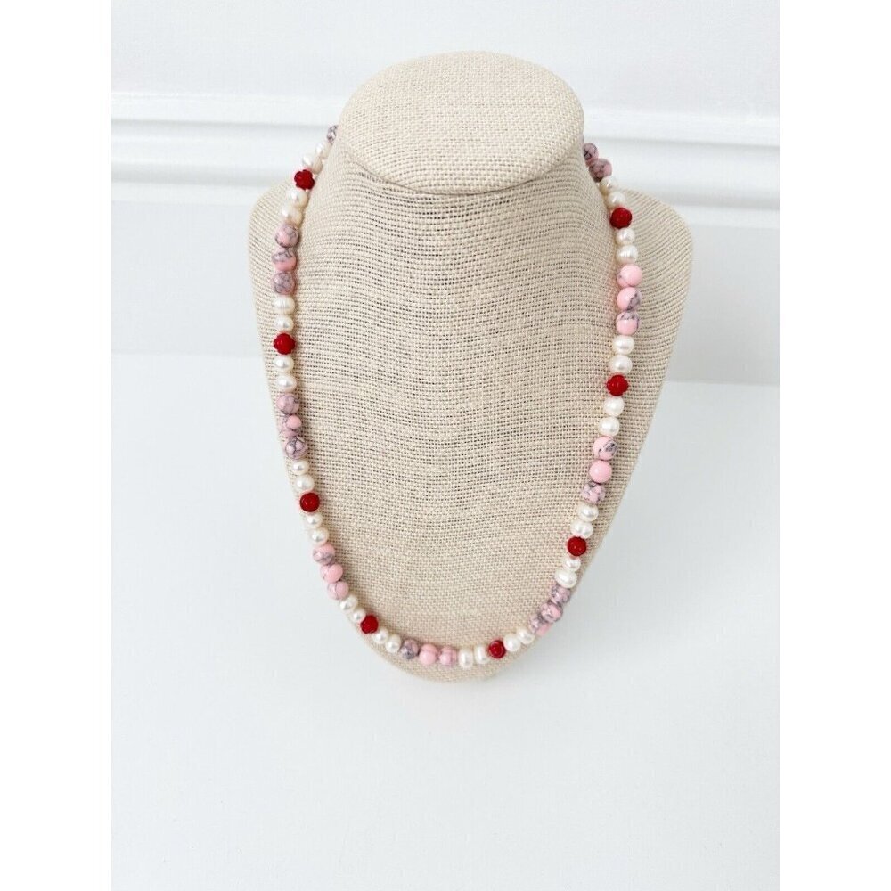 NWT Genuine Red Coral, Pink Howlite & Pearls Necklace Beaded Red Pink White